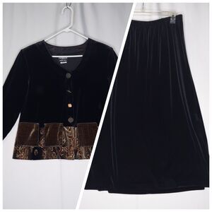 Positive Attitude Velour Skirt Top Set 18P Black Stretch Slit Maxi Button Vneck